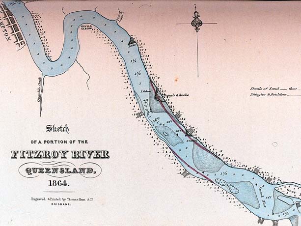 Map of the Upper flats of the Fitzroy River, 1864, showing sandbanks and Plews' suggested training walls.