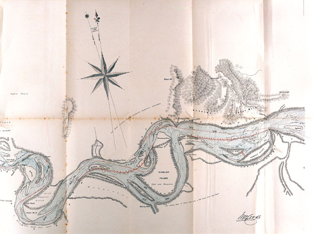 Sir John Coode's plan for the Fitzroy from Central Island to Rocky Point, with proposed training banks (later Satellite and Shoal Island Walls) and closures between Mosquito, Sandfly and Casuarina Islands.