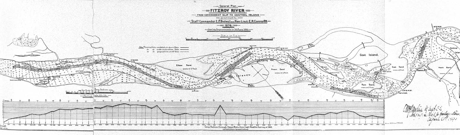 Alexander Jardine's plan of walls and dredging channels in Upper and Sands Flats reaches, Fitzroy River, 1890.